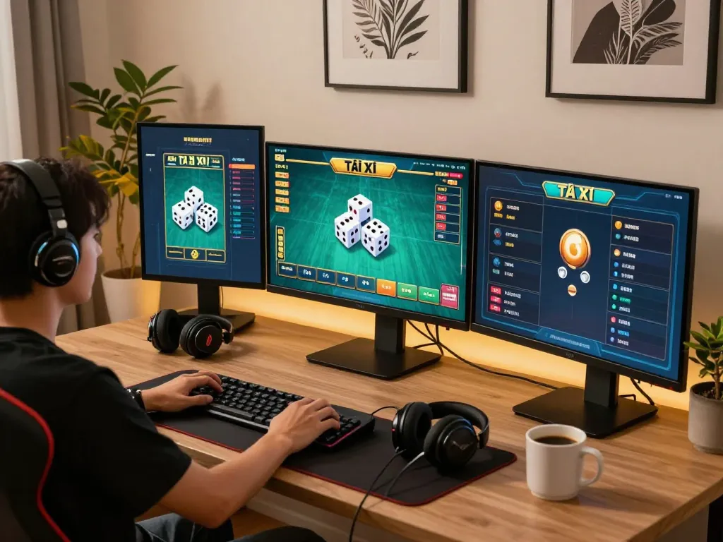 Tài Xỉu Online gameplay on multiple monitors, showcasing exciting online gambling action.