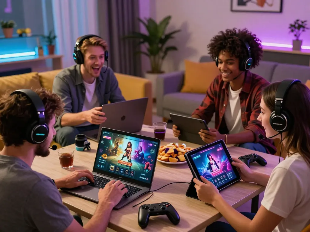 Engaged players enjoying exciting HTML porn games on modern devices in a cozy living room setting.