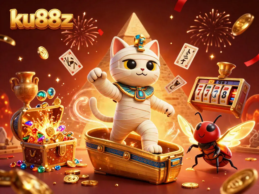 Experience thrilling gaming with ku88z in this dynamic casino scene featuring a lively Egyptian mummy cat.