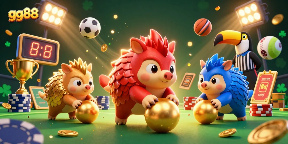 Engage in thrilling gameplay with gg88 featuring vibrant pangolins, poker chips, and dynamic sports elements.