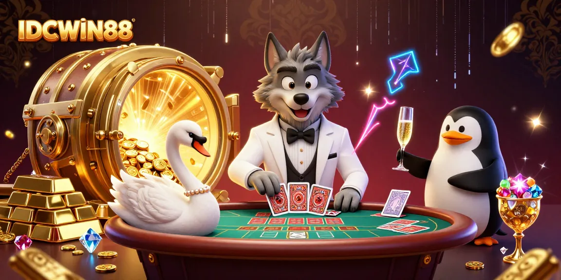 Experience winning thrills at IDCWIN88 with a vibrant 3D casino illustration featuring elegant characters and dazzling treasures.