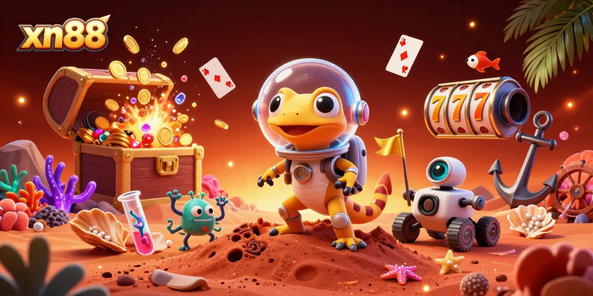 Win big at xn88 with exhilarating casino adventures featuring a Martian gecko and vibrant game elements.