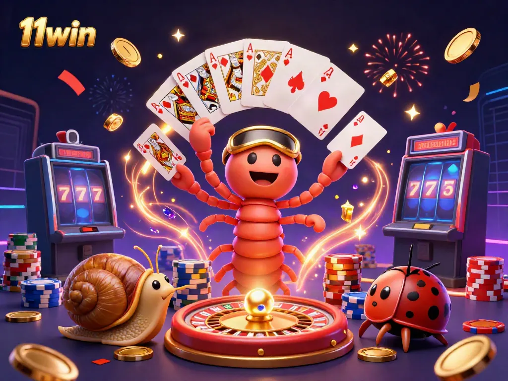 Experience thrilling games at 11win with our vibrant 3D casino scene, featuring a unique millipede dealer.