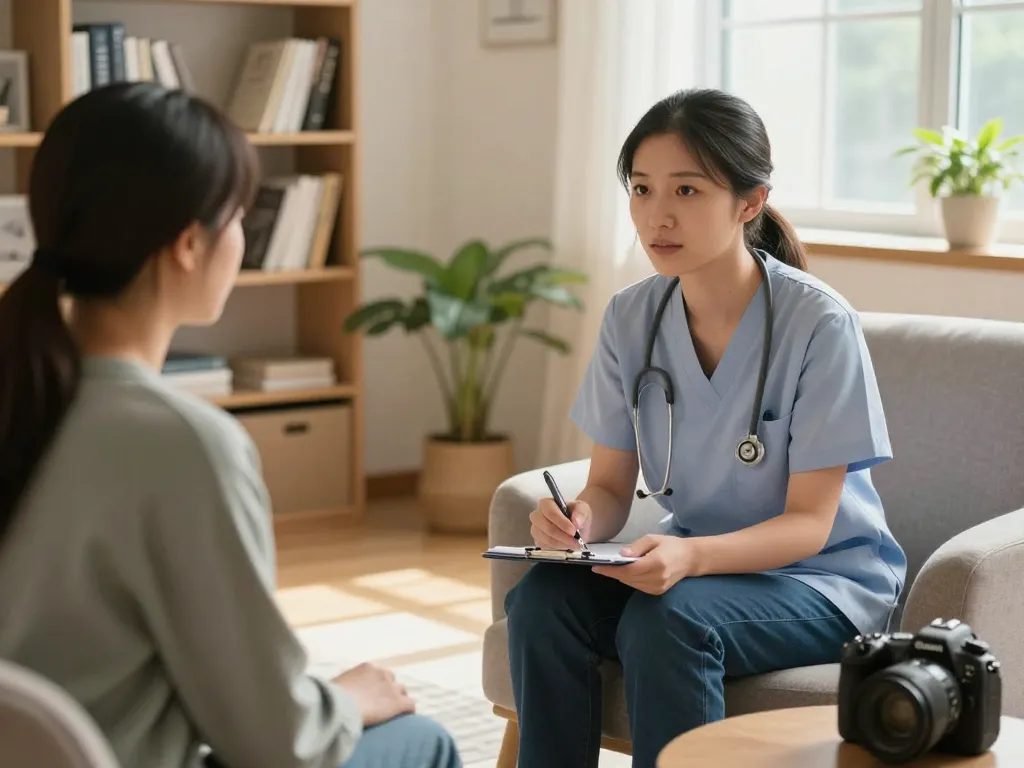 Therapist discussing抑鬱症 with a patient in a calm clinic environment.