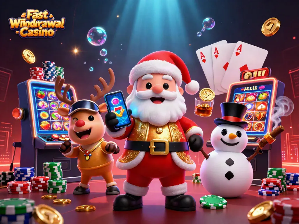 Experience the excitement of Fast Withdrawal Casino with Santa and friends celebrating jackpots and quick payouts.