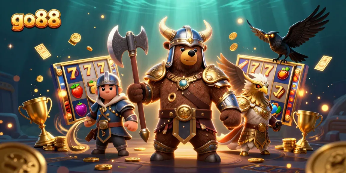 Experience thrilling gameplay with go88 in this vibrant 3D casino illustration featuring dynamic slot elements.