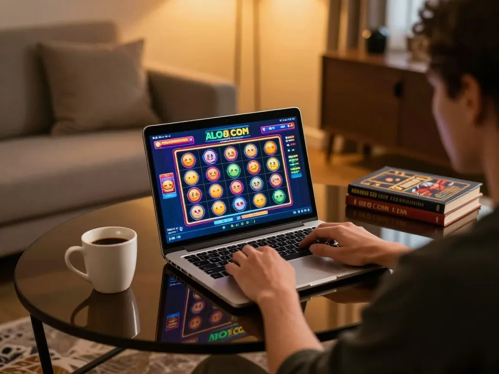 Engaging gaming session on ALO8 COM with colorful slots interface displayed on laptop, cozy and inviting atmosphere.