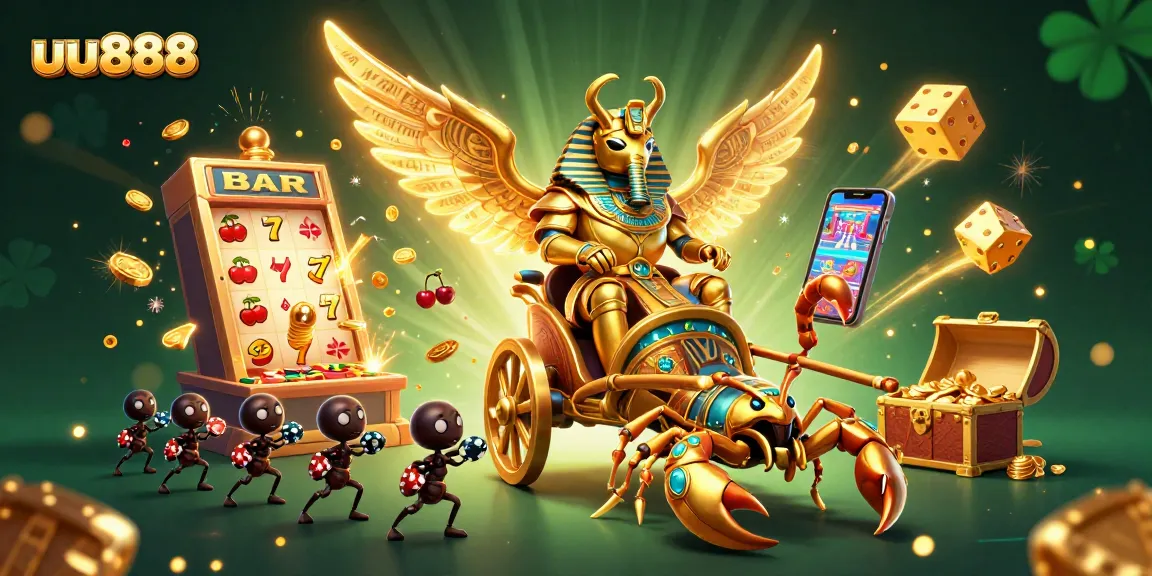 Engage with uu888's vibrant casino adventure featuring a golden scarab beetle chariot and slot machine excitement.