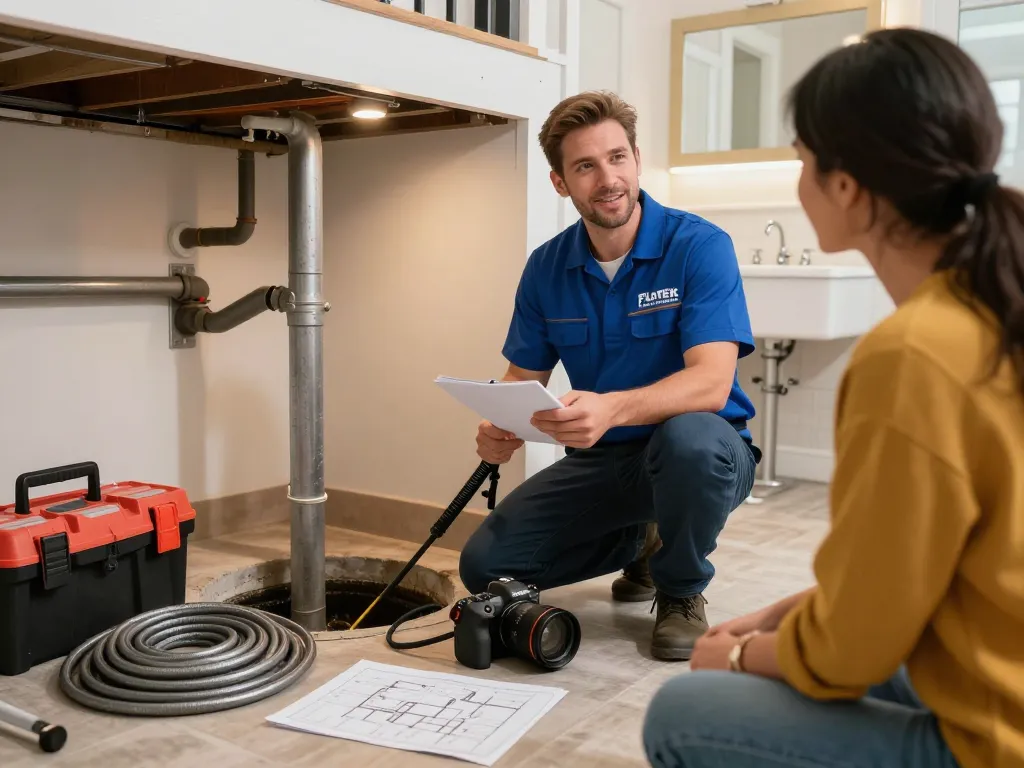 Flotek Sewer & Drain technician conducting a sewer inspection in a warm, inviting basement for reliable plumbing services.