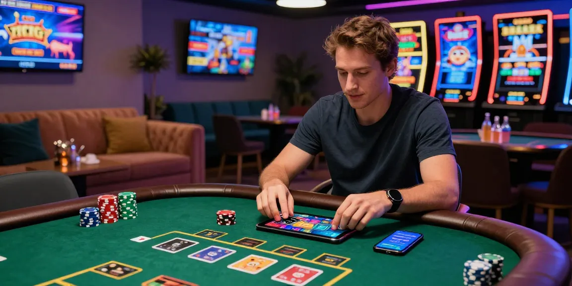 Player enjoying games at credit card casinos surrounded by colorful designs and casino chips.