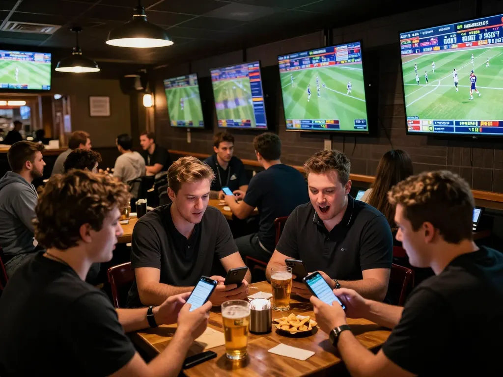Une scène de bar sportif montrant un engagement actif sur un site de paris sportif avec des clients plaçant des paris et encourageant