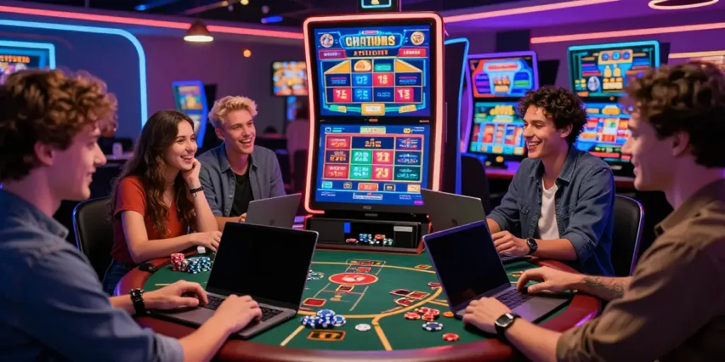 Group enjoying Casino Gratuit games on a colorful gaming setup.
