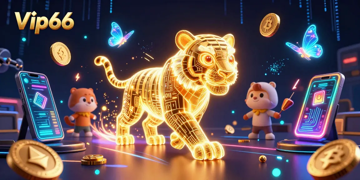 Engage with exciting gameplay at Vip66, where a mystical golden tiger prowls in a vibrant digital casino setting.