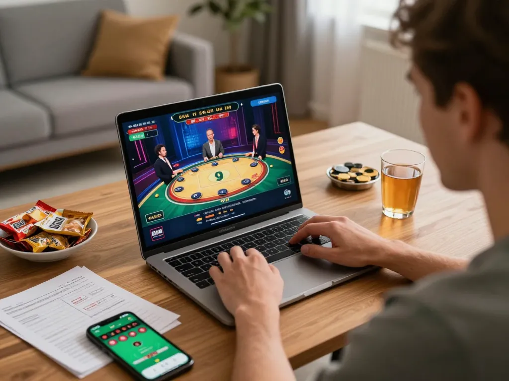 Engaged user playing live dealer game on laptop representing nk 88 online gambling strategy.