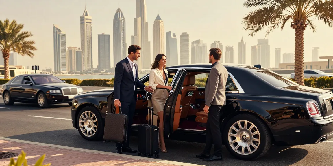 Mobil mewah LUXURY 777 terparkir di Dubai, dengan pengemudi siap membuka pintu untuk tamu.
