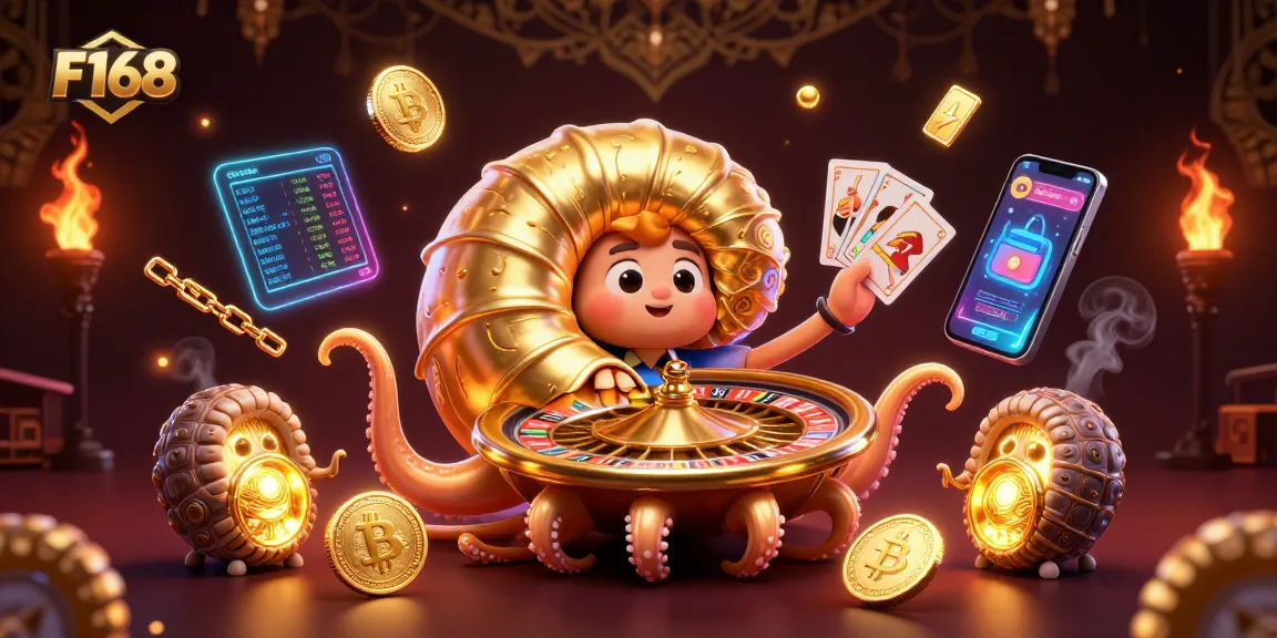 Experience thrilling gameplay at F168 with a dazzling nautilus roulette wheel and crypto elements.