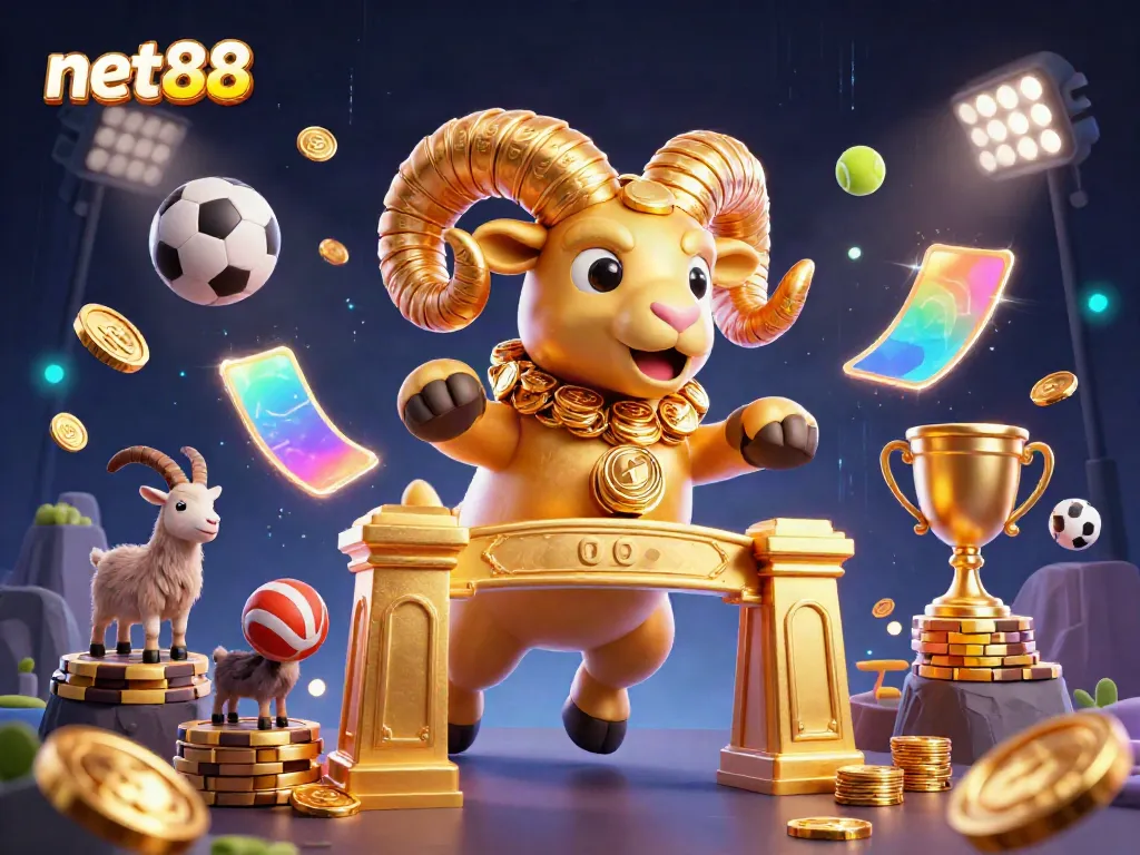Experience the excitement of net88 with a charging golden ram at a dynamic casino scene filled with sports elements.
