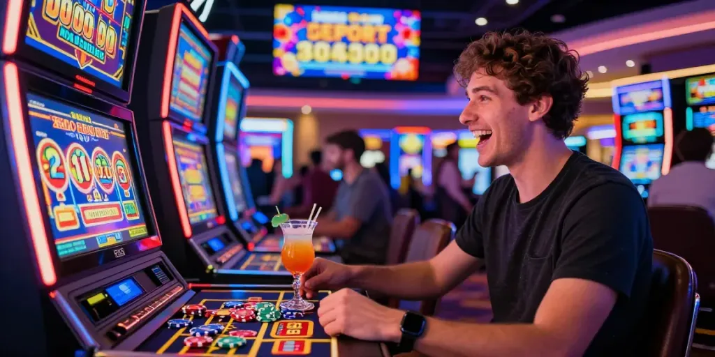 Player engaging with a slot machine in a lively casino atmosphere showcasing Casinos Sans depots.