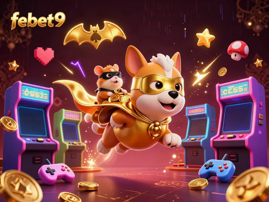Engage with febet9's thrilling gaming vibe featuring a vibrant superhero scene with casino elements.