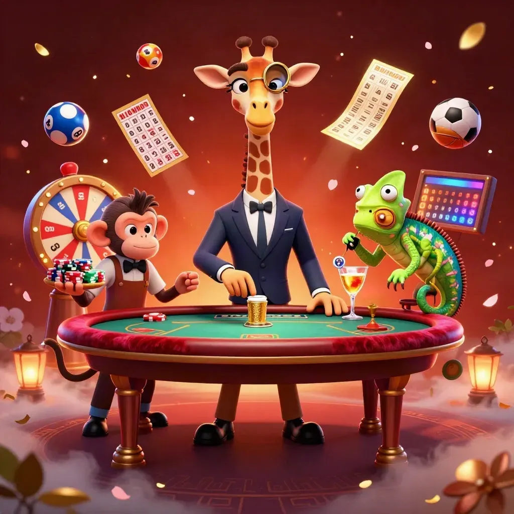 Giraffe, monkey valet, and chameleon bartender amid flying casino props and glowing red-gold haze.