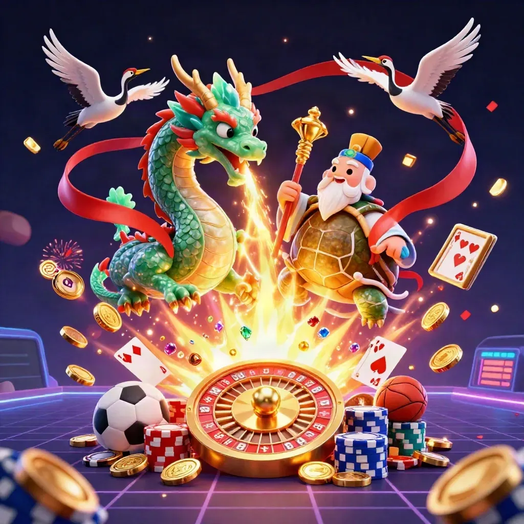 Emerald dragon, turtle sage and cranes burst through gold fire, coins and casino props on a dark neon backdrop.