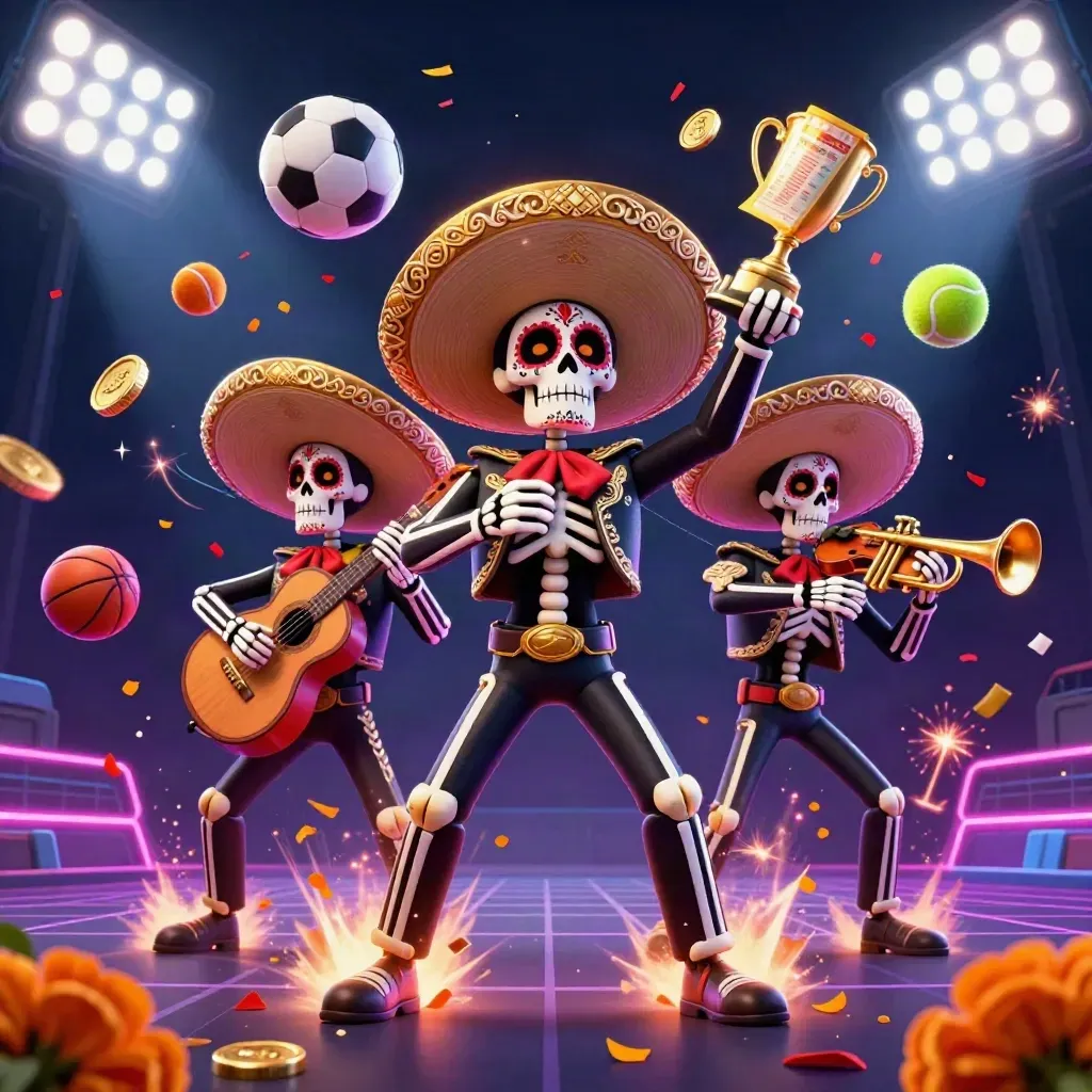 Skeleton mariachi trio amid flying sports balls, coins, confetti, and neon lights