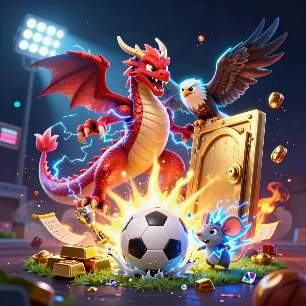 Thunder dragon, wind hawk and static mouse burst around a vault, balls, gold and lightning.