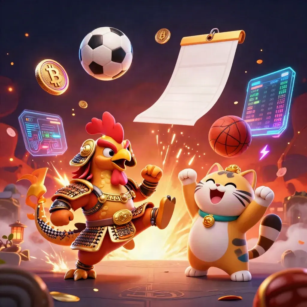 Rooster samurai, dragon hatchling and fortune cat with coins, balls and sparks in neon casino art.