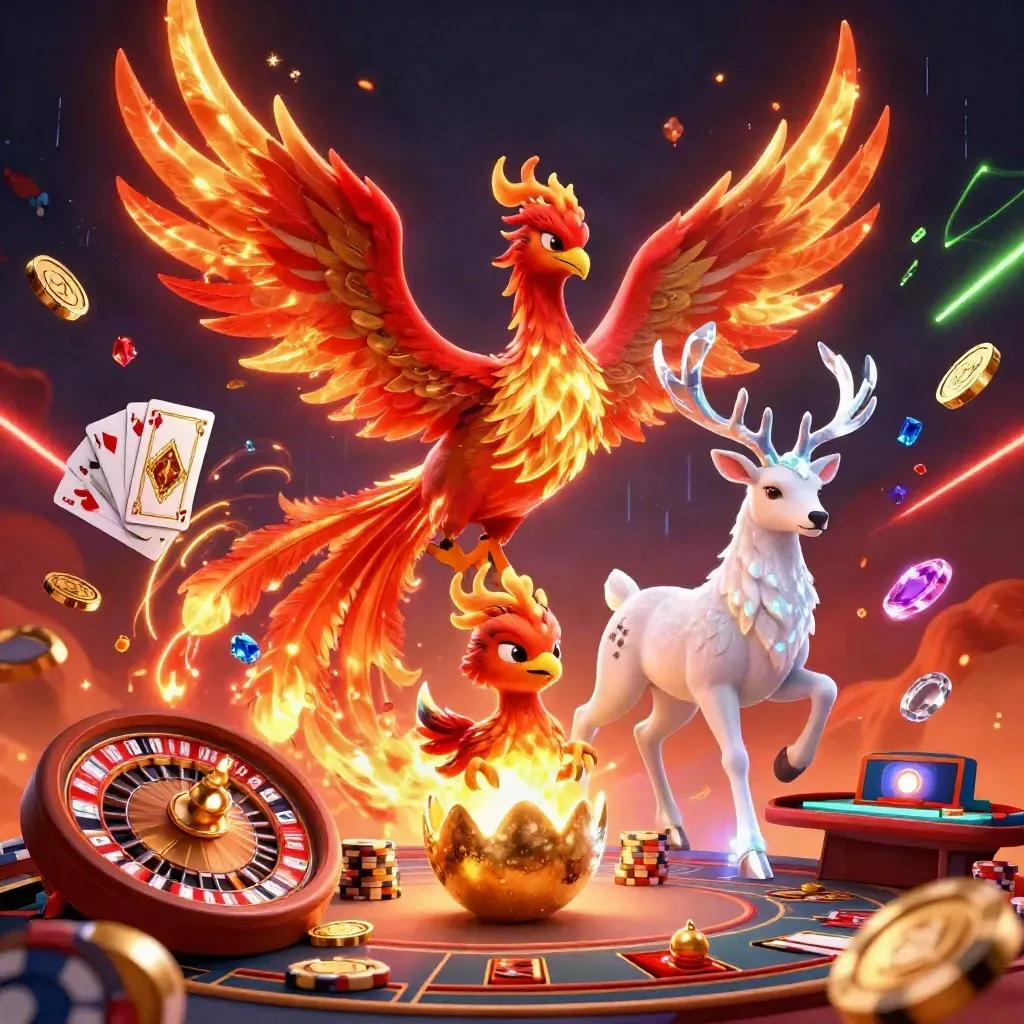 Fire phoenix, stag, and phoenix hatch amid roulette, chips, coins, and neon casino glow