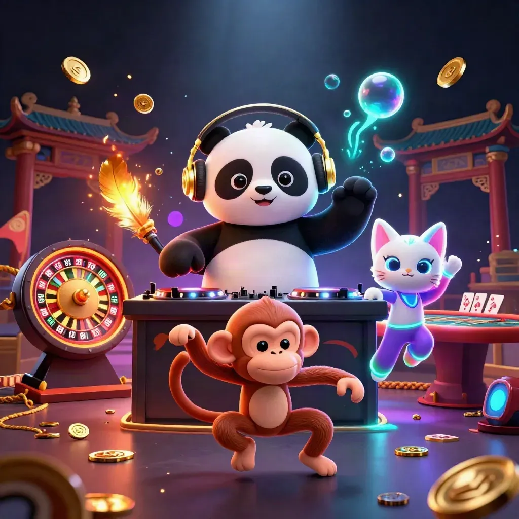 DJ panda, breakdancing monkey, and glow-stick kitten in a luxe neon casino with spinning wheels