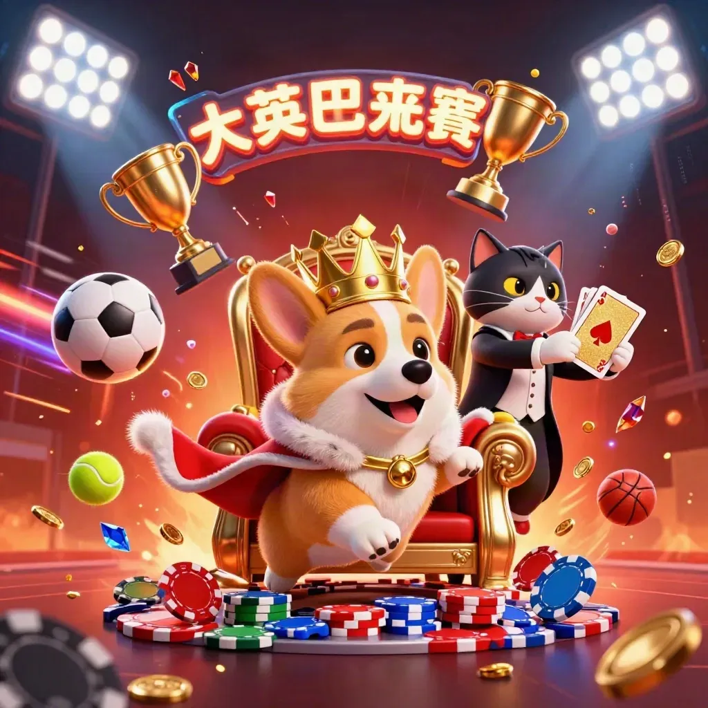 Royal corgi king and cat butler amid chips, sports balls, trophy and neon casino energy