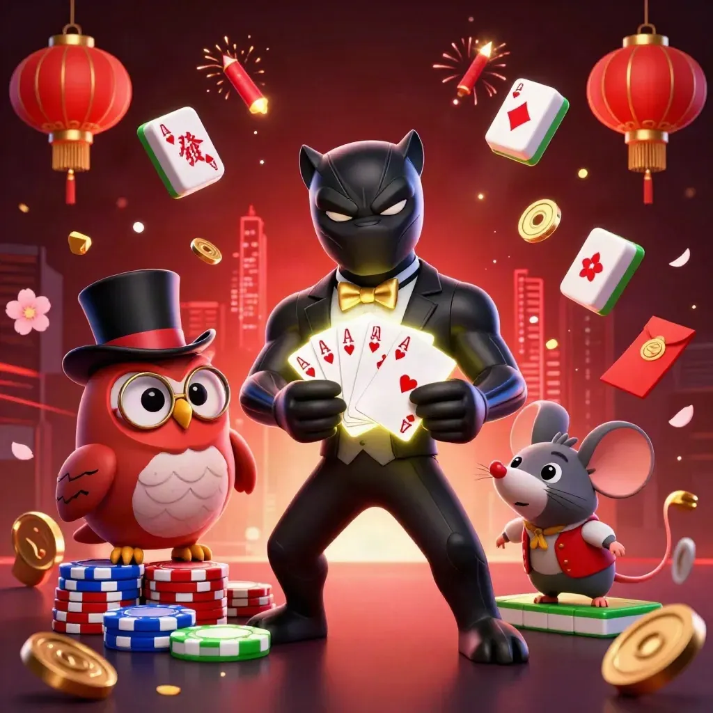 Black panther, owl, and mouse amid casino treasures, lanterns, and electric red neon.