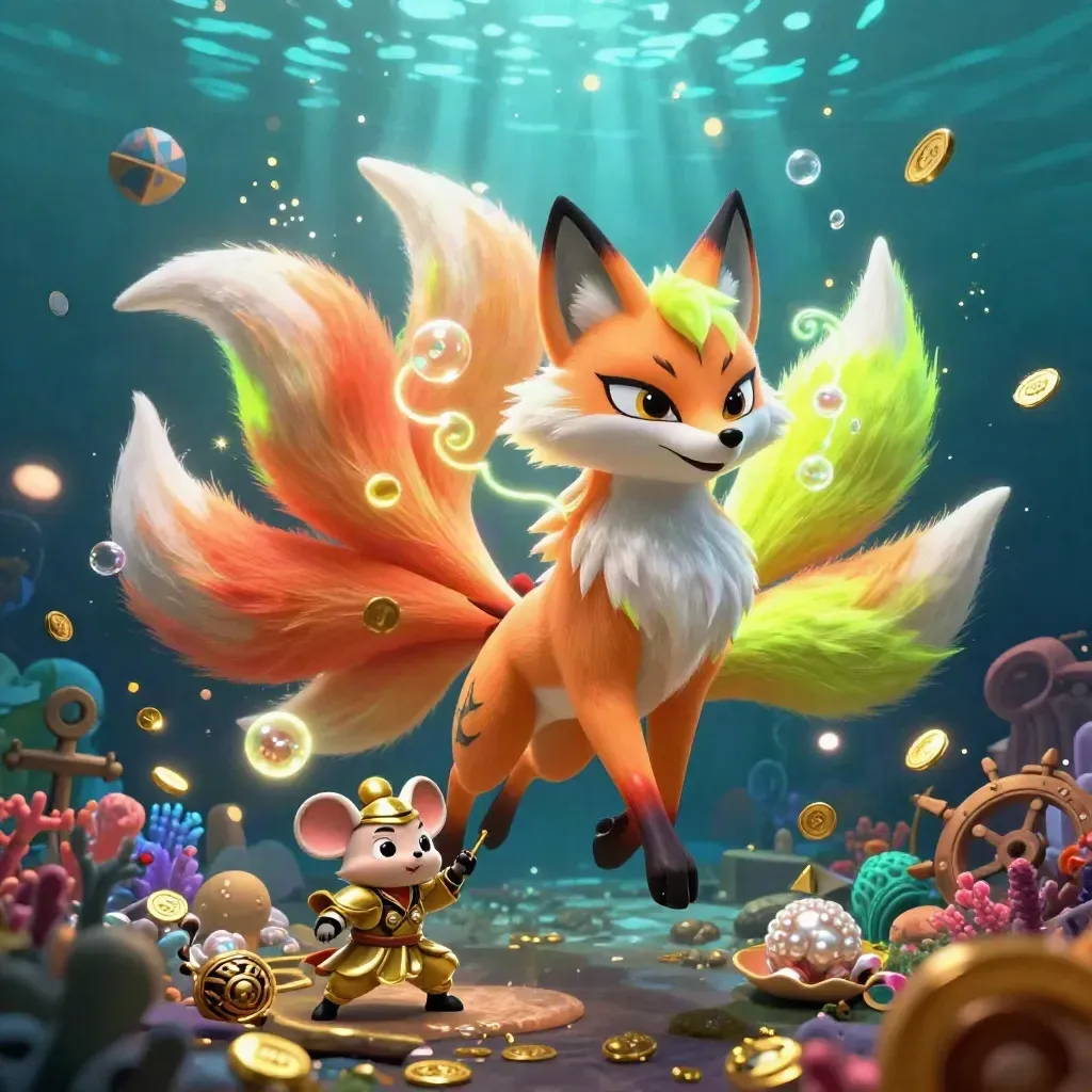Nine-tailed fox spirit and armored mouse amid treasure, coral, coins, and neon magic underwater
