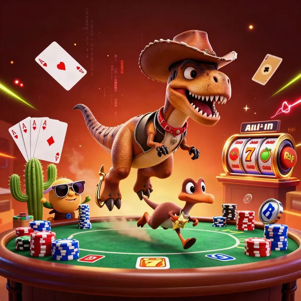 Cowboy T-Rex, cactus sidekick, and roadrunner burst through casino cards, chips, and neon effects.