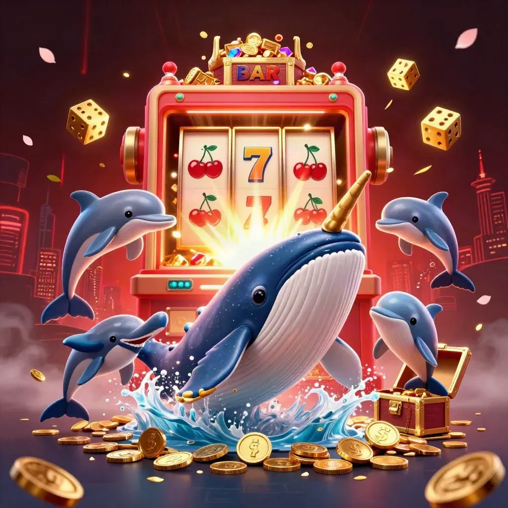 Whale captain, narwhal, and dolphins burst through coins with slots, dice, treasure, and neon effects