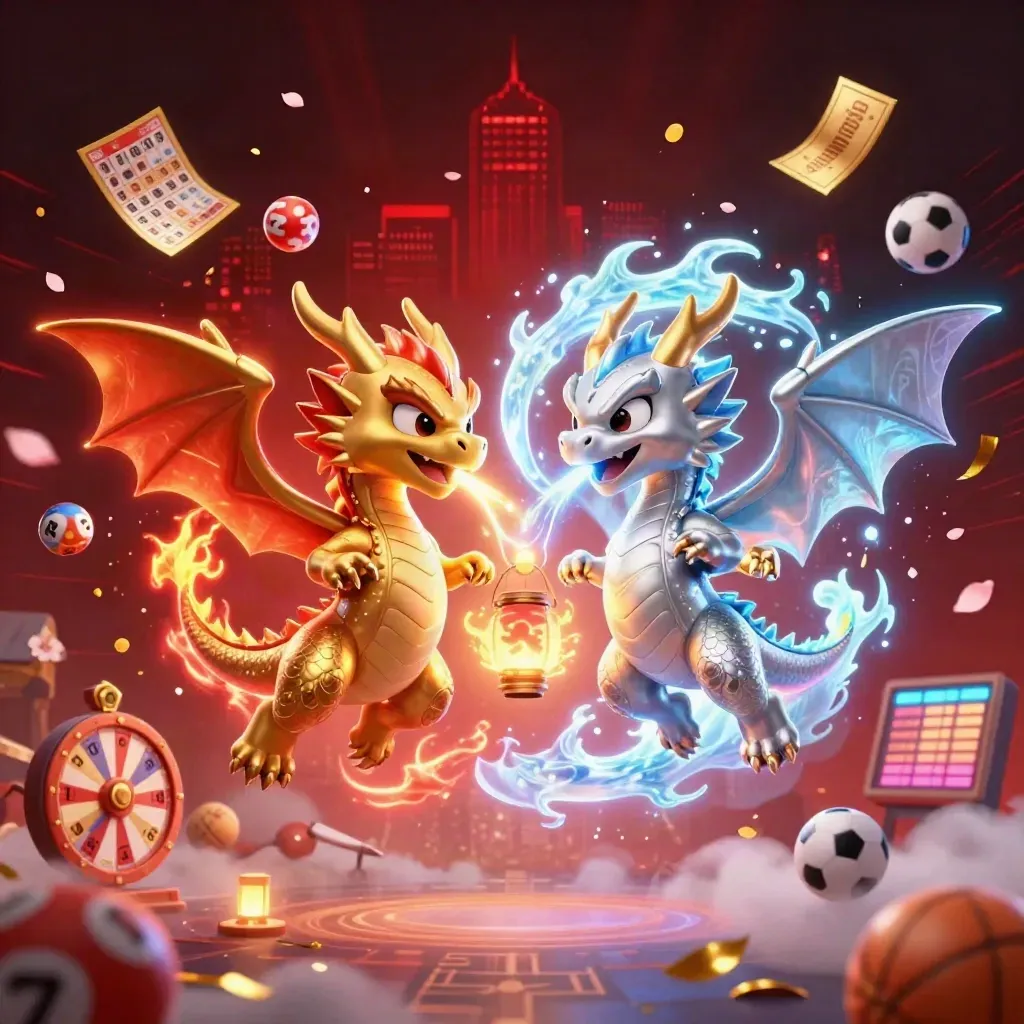 Twin gold and silver dragons spiral in casino burst with balls, wheel, tickets, and neon energy.