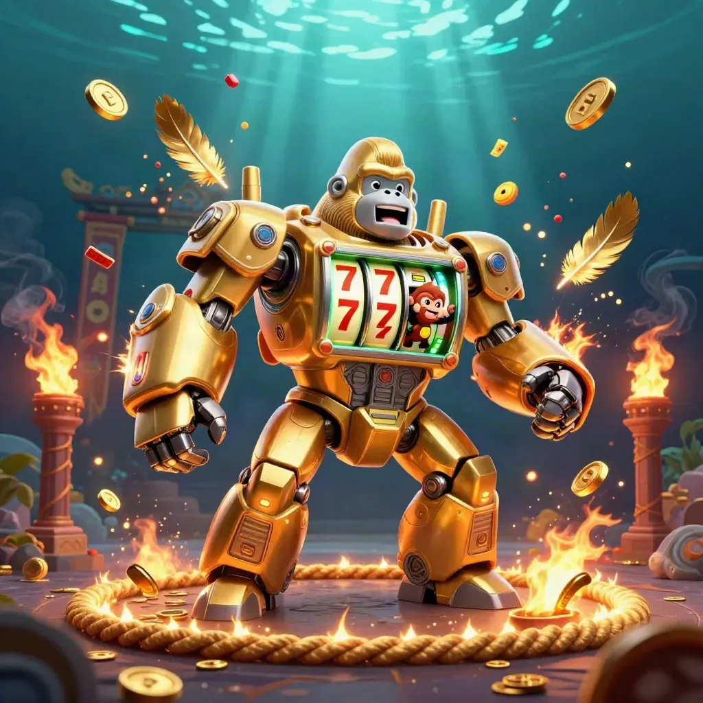 Golden gorilla mech with monkey pilot amid treasure bursts, temple gate, torch ring, and neon lime glow.