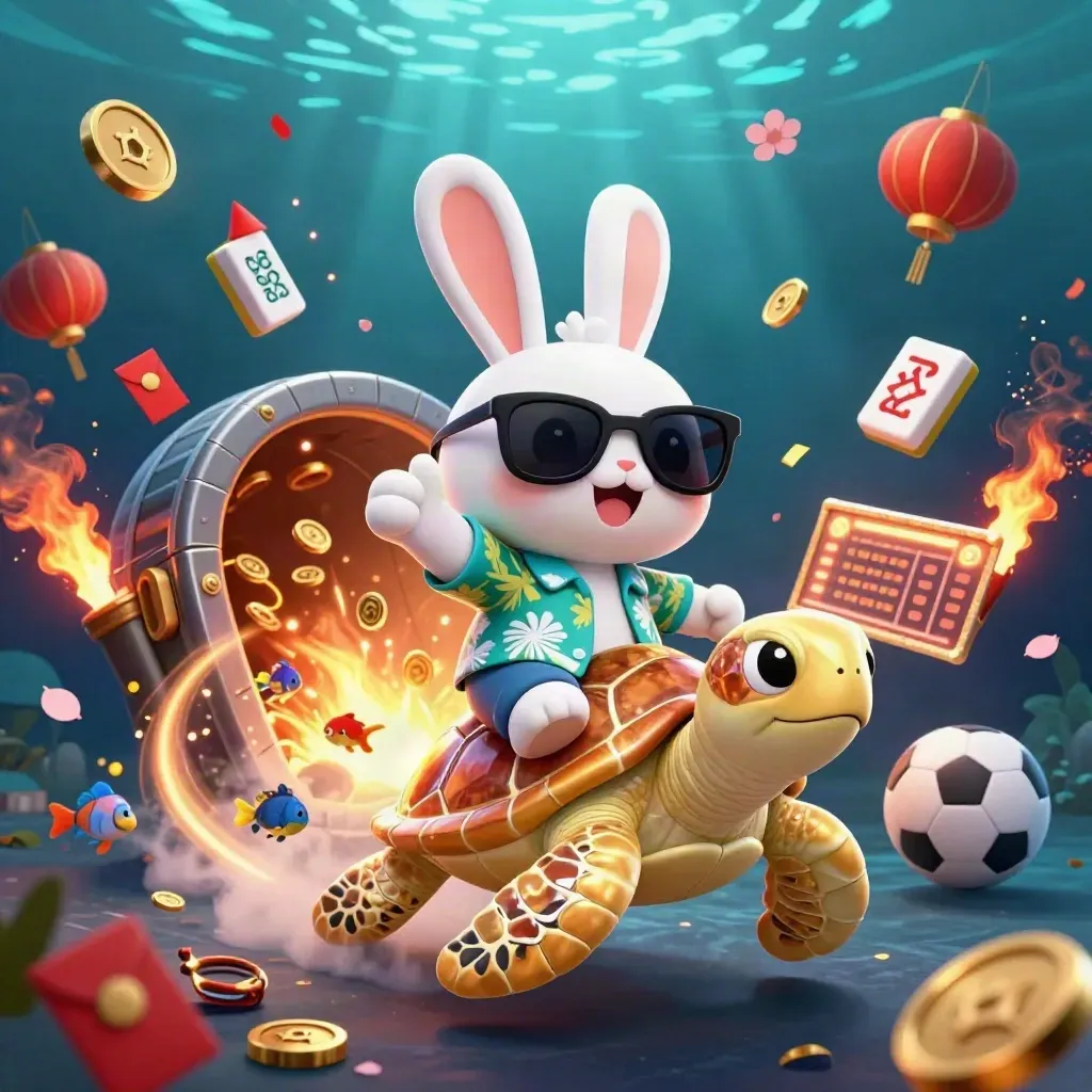 Lucky rabbit rides a gem-shell turtle through coins, lanterns, fireworks, and casino treasure.