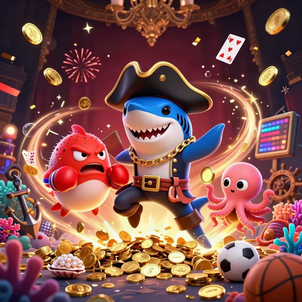 Pirate shark, boxing pufferfish, and coin-juggling octopus amid treasure, fireworks, and casino glow.