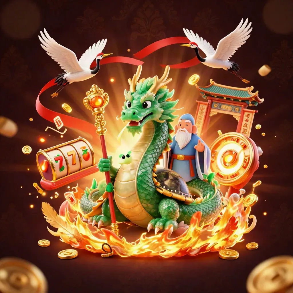 Emerald dragon, sage turtle, and cranes amid gold fire, casino reels, coins, and temple glow.
