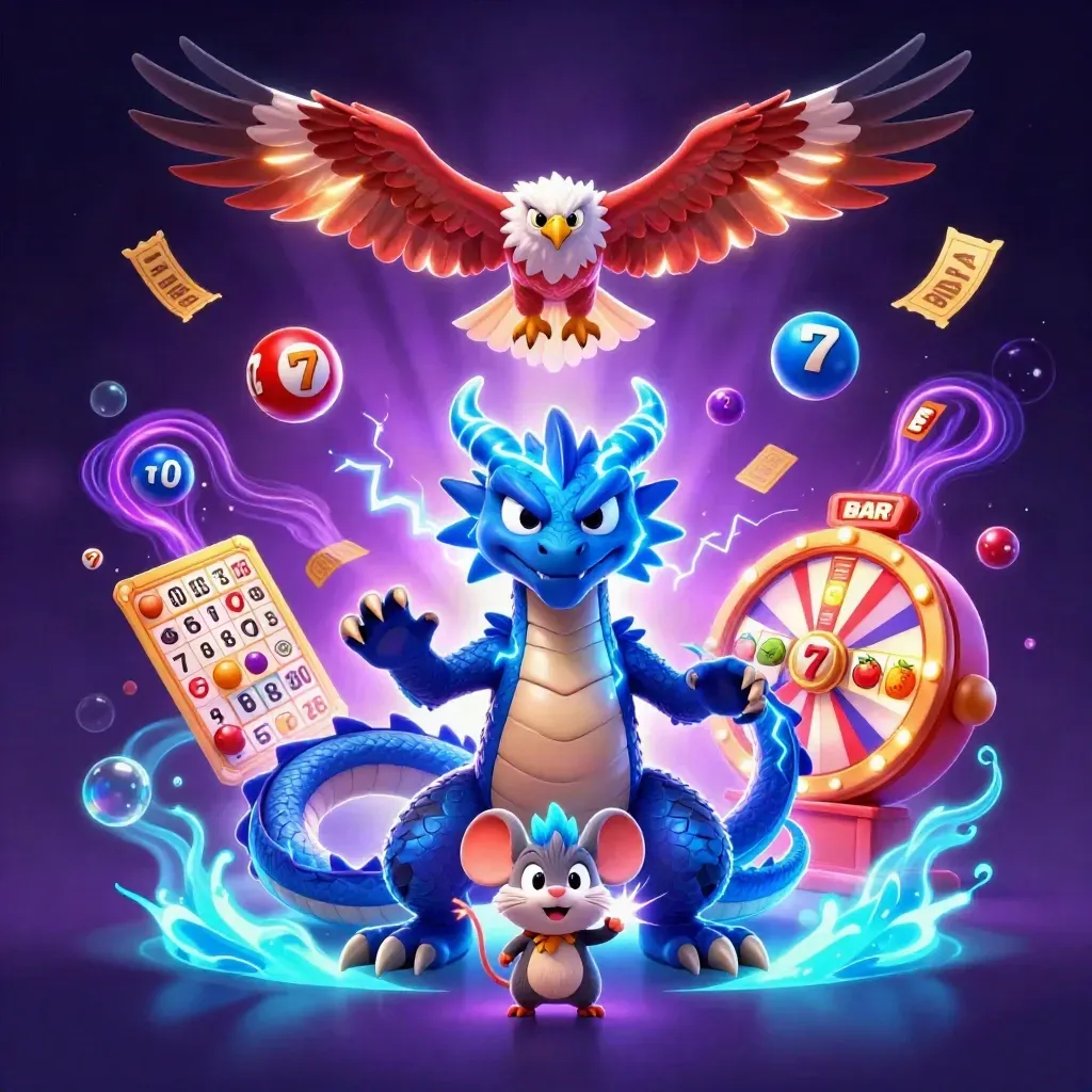 Thunder dragon, glowing hawk and static mouse blasting casino symbols through a neon cosmic vortex.