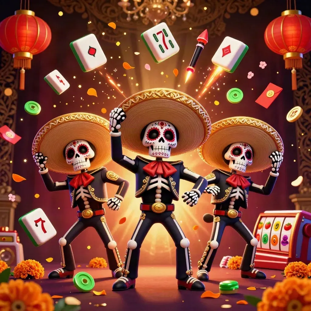 Three skeleton mariachi musicians amid casino symbols, lanterns, coins, fireworks, and gold-lit dark luxury.