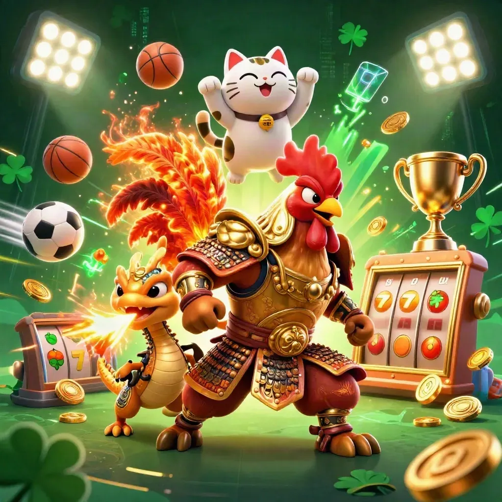 Rooster samurai, spark-breathing hatchling and cheering cat amid casino odds, balls, coins and neon effects