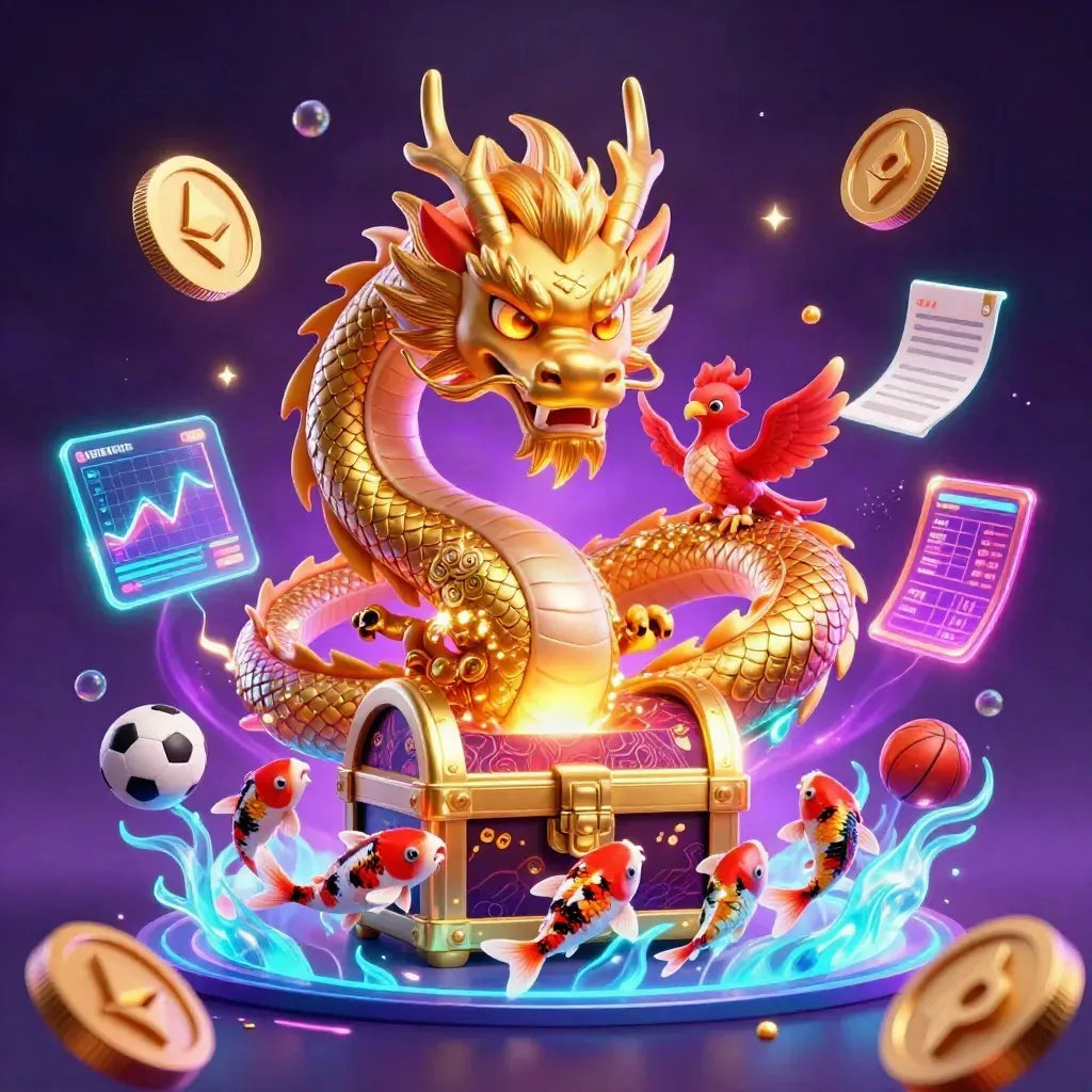 Golden dragon with phoenix, koi, coins, and sports icons in neon casino art.