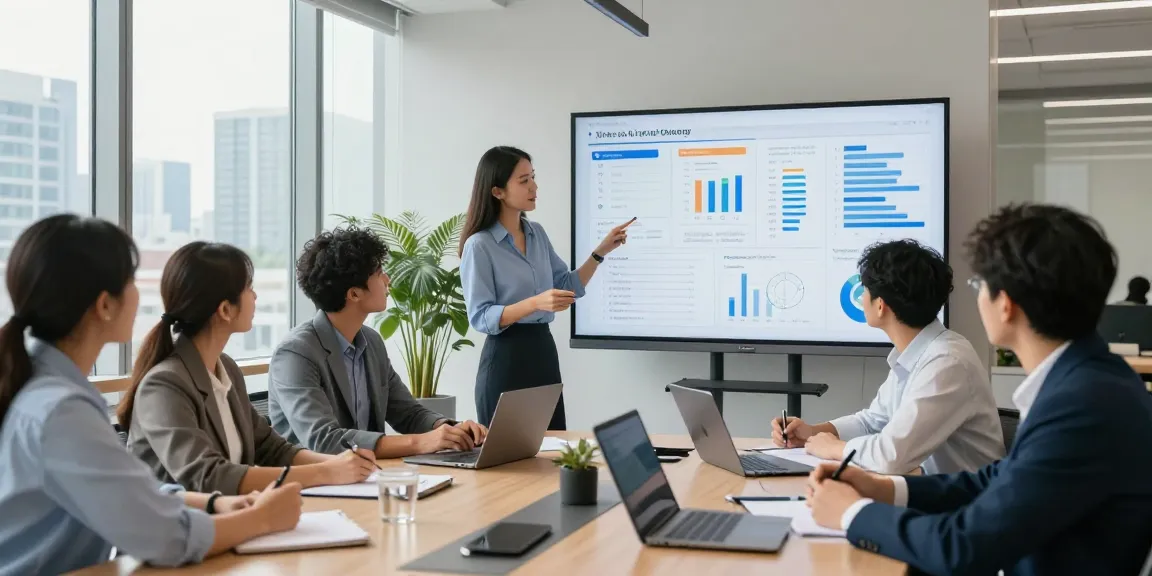 Team collaborating in a modern office strategy meeting, highlighting AI for business discussions and analytics.