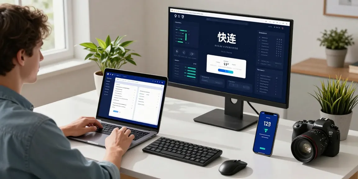 使用快连的用户在现代工作空间内，展示多设备快速连接的场景，突出快速稳定的网络体验。
