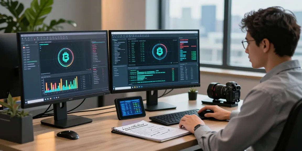 Recover lost crypto with an expert analyzing blockchain data at a modern workstation, focused atmosphere.