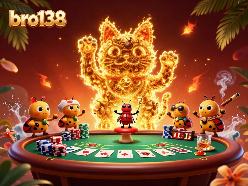 Experience the thrill of winning at bro138 with a lucky cat, poker chips, and vibrant casino elements!