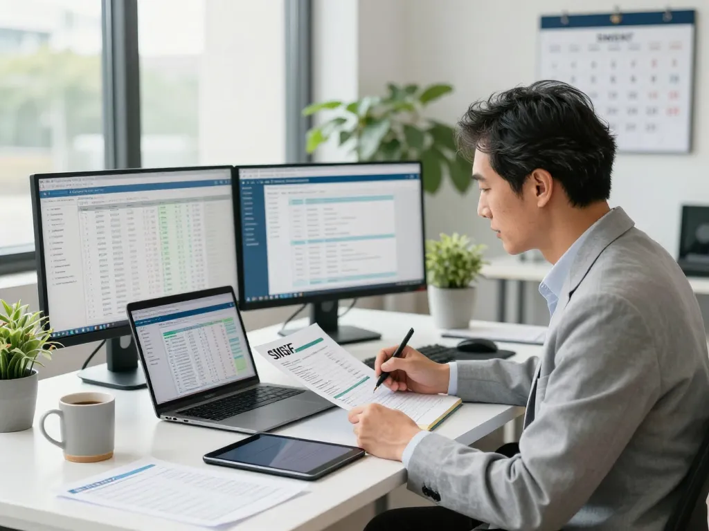 SMSF Accountants reviewing financial statements in a bright office.