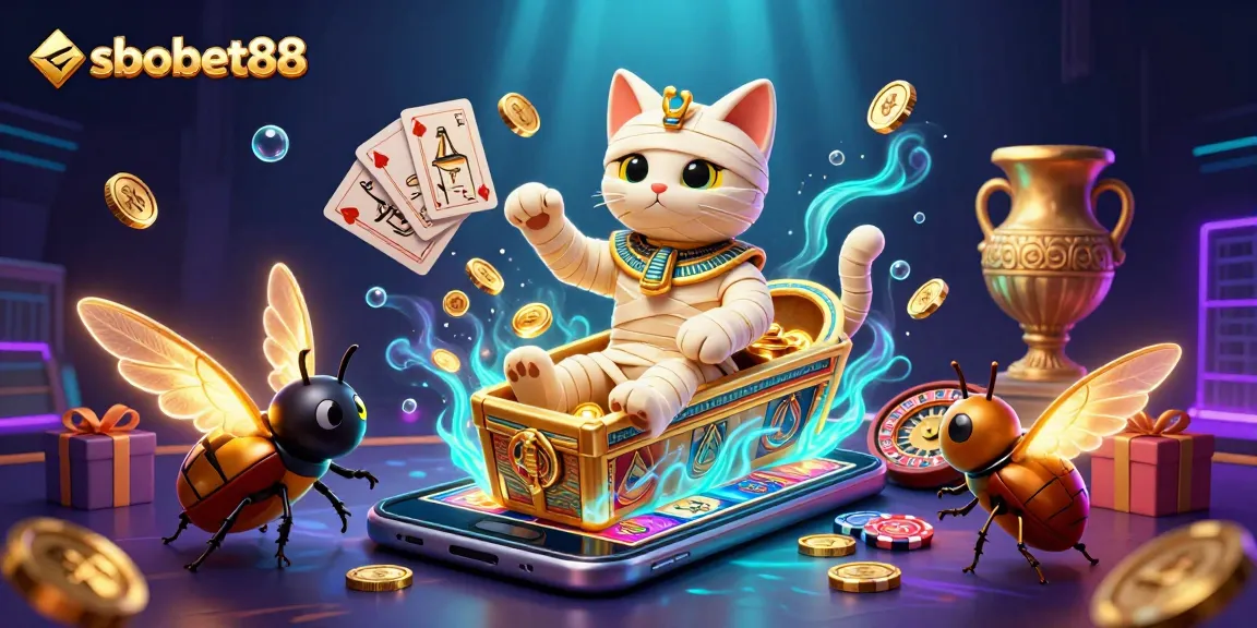 Sweeping view of sbobet88, showcasing vibrant casino elements with a mummy cat and dynamic gaming features.